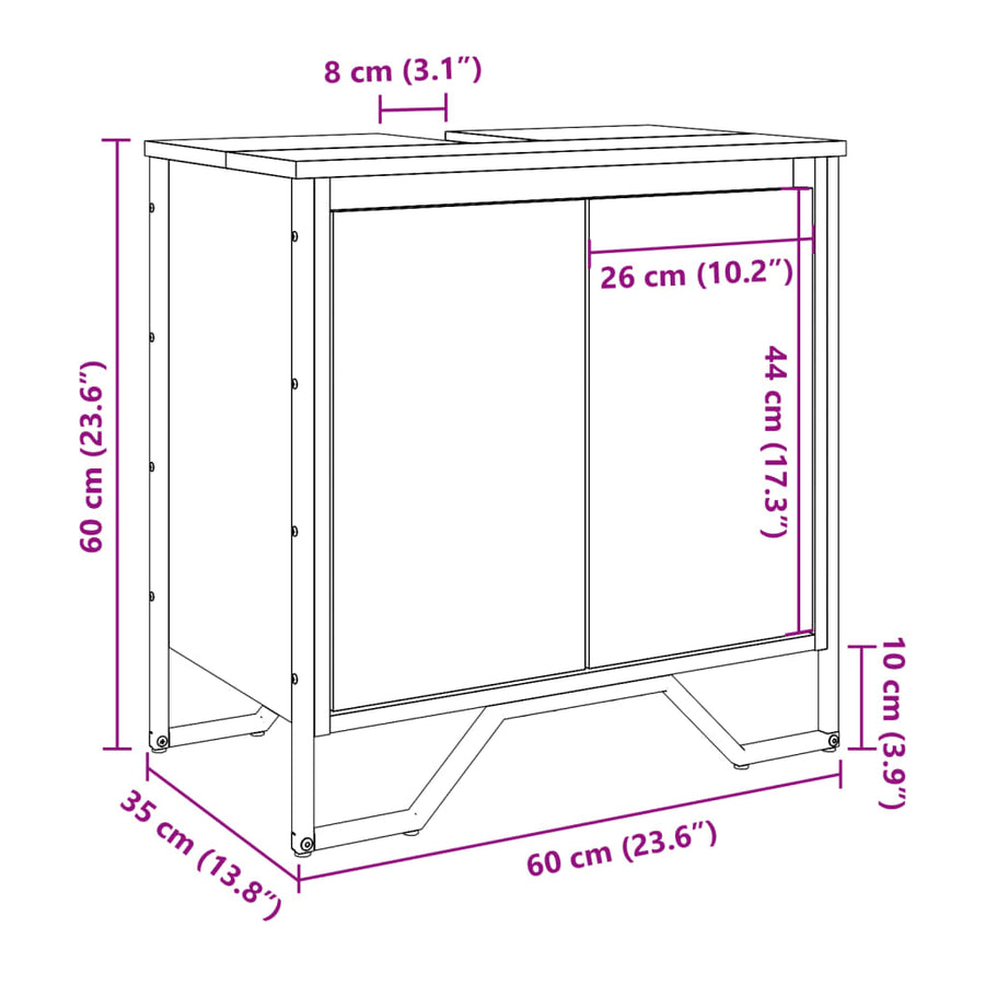 Wastafelkast 60x35x60 cm bewerkt hout bruin eikenkleurig