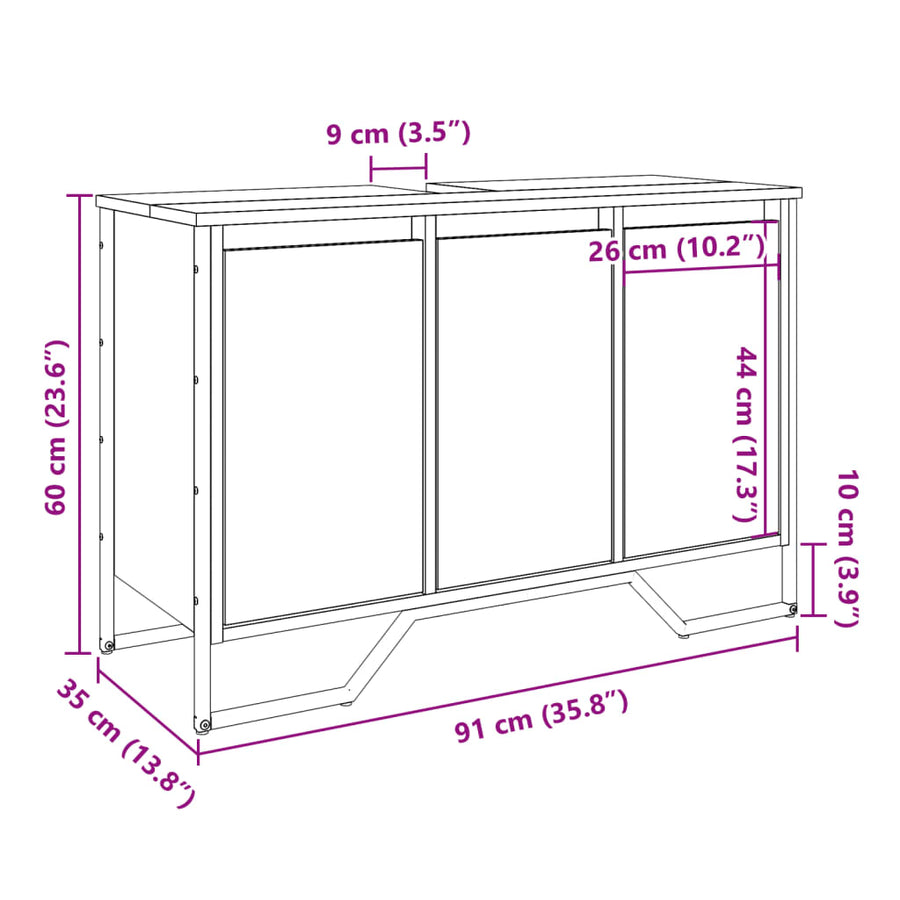 Wastafelkast 91x35x60 cm bewerkt hout grijs sonoma eikenkleurig