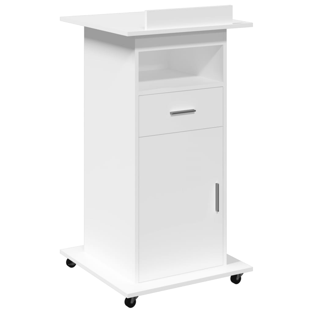 Lessenaar met wielen en lade 55x55x107 cm bewerkt hout wit