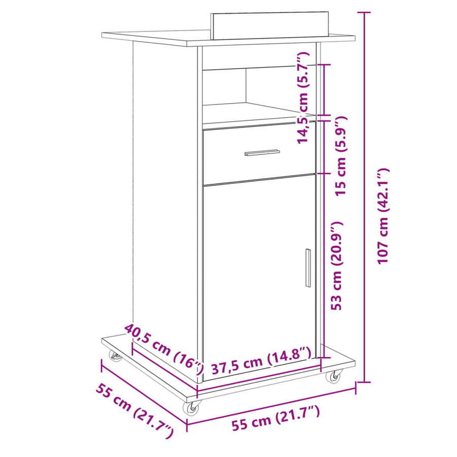 Lessenaar met wielen en lade 55x55x107 cm bewerkt hout wit