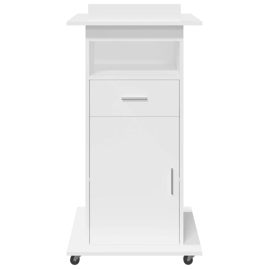 Lessenaar met wielen en lade 55x55x107 cm bewerkt hout wit