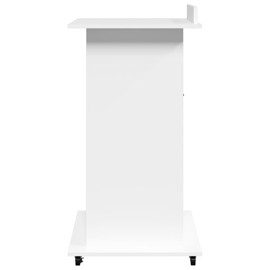 Lessenaar met wielen en lade 55x55x107 cm bewerkt hout wit