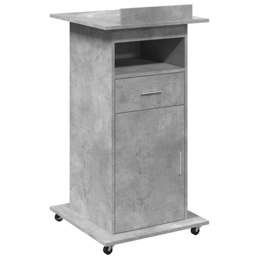 Lessenaar met wielen en lade 55x55x107 cm hout betongrijs
