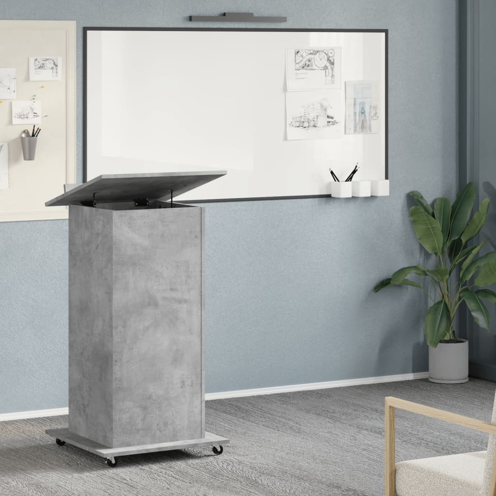 Lessenaar met wielen en lade 55x55x107 cm hout betongrijs