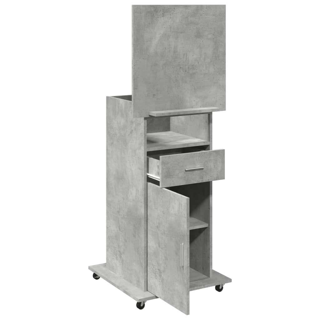 Lessenaar met wielen en lade 55x55x107 cm hout betongrijs