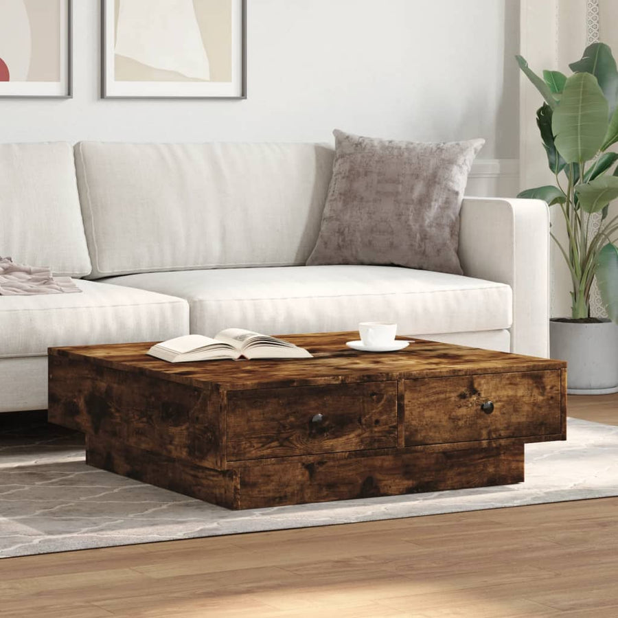 Salontafel 90x90x28 cm bewerkt hout gerookt eikenkleurig