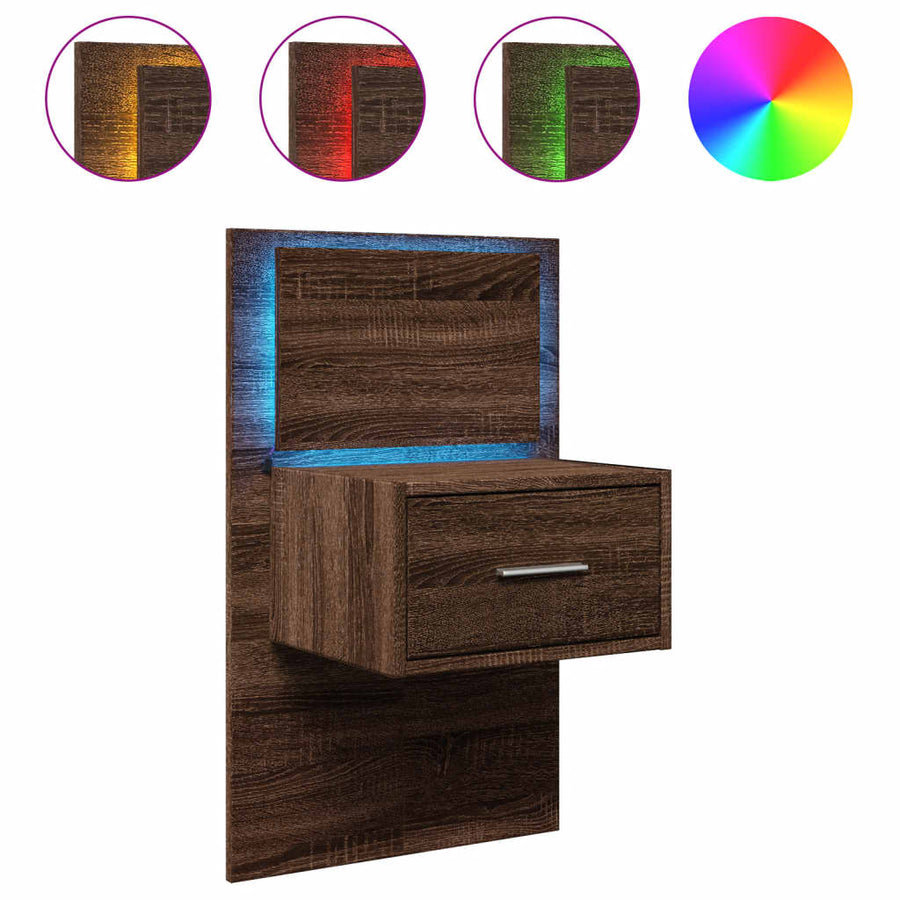 Nachtkastje met LED's wandgemonteerd bruin eikenkleur