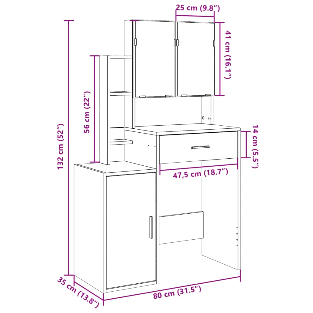 Kaptafel met kastje 80x35x132 cm gerookt eikenkleurig