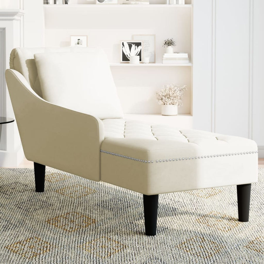 Chaise longue met kussen&rechterarmleuning fluweel crèmekleurig