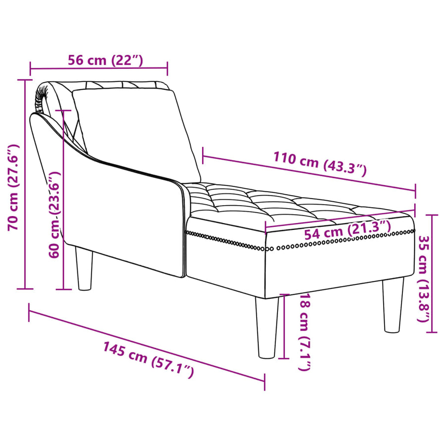 Chaise longue met kussen&rechterarmleuning fluweel crèmekleurig