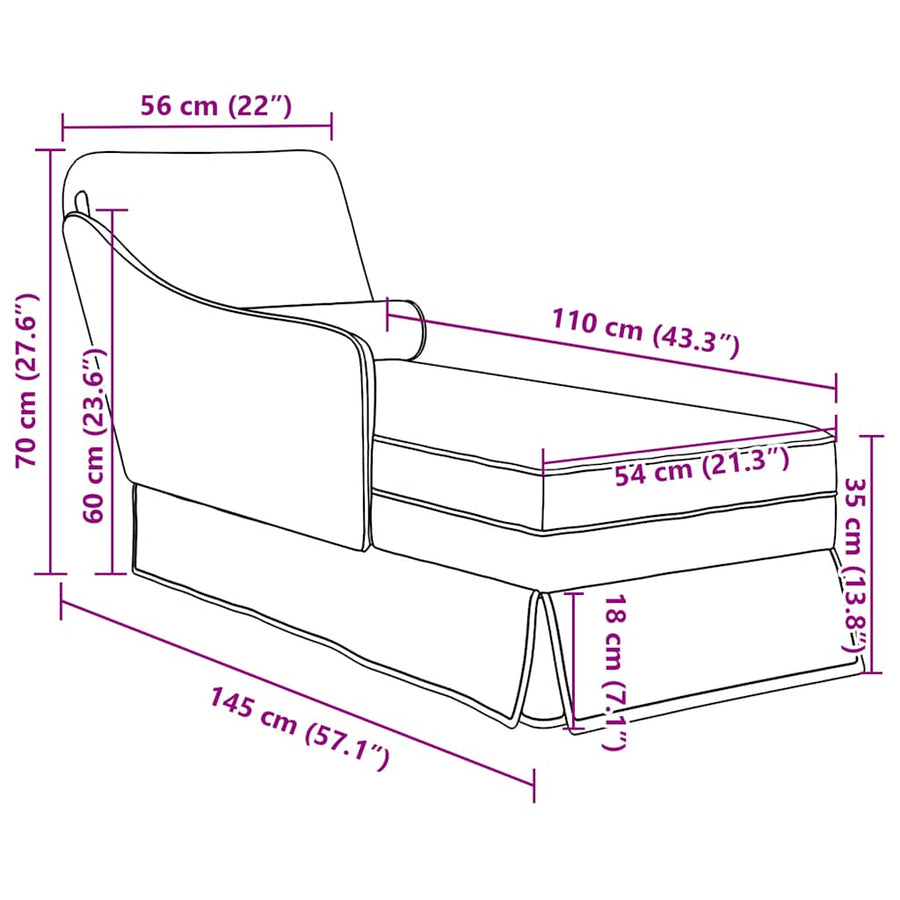 Chaise longue met bolster en rechterarmleuning fluweel crème