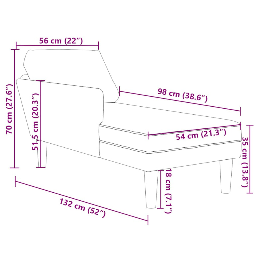 Chaise longue met kussen en rechterarmleuning fluweel roze