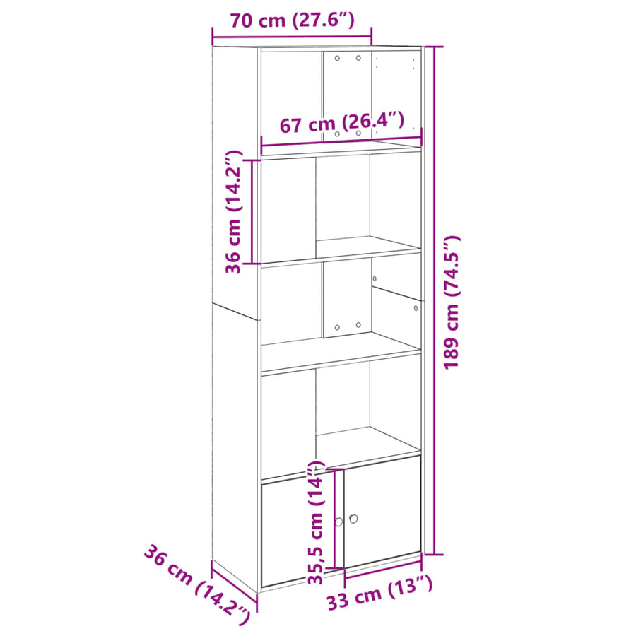 Boekenkast 70x36x189 cm bewerkt hout grijs sonoma eikenkleurig