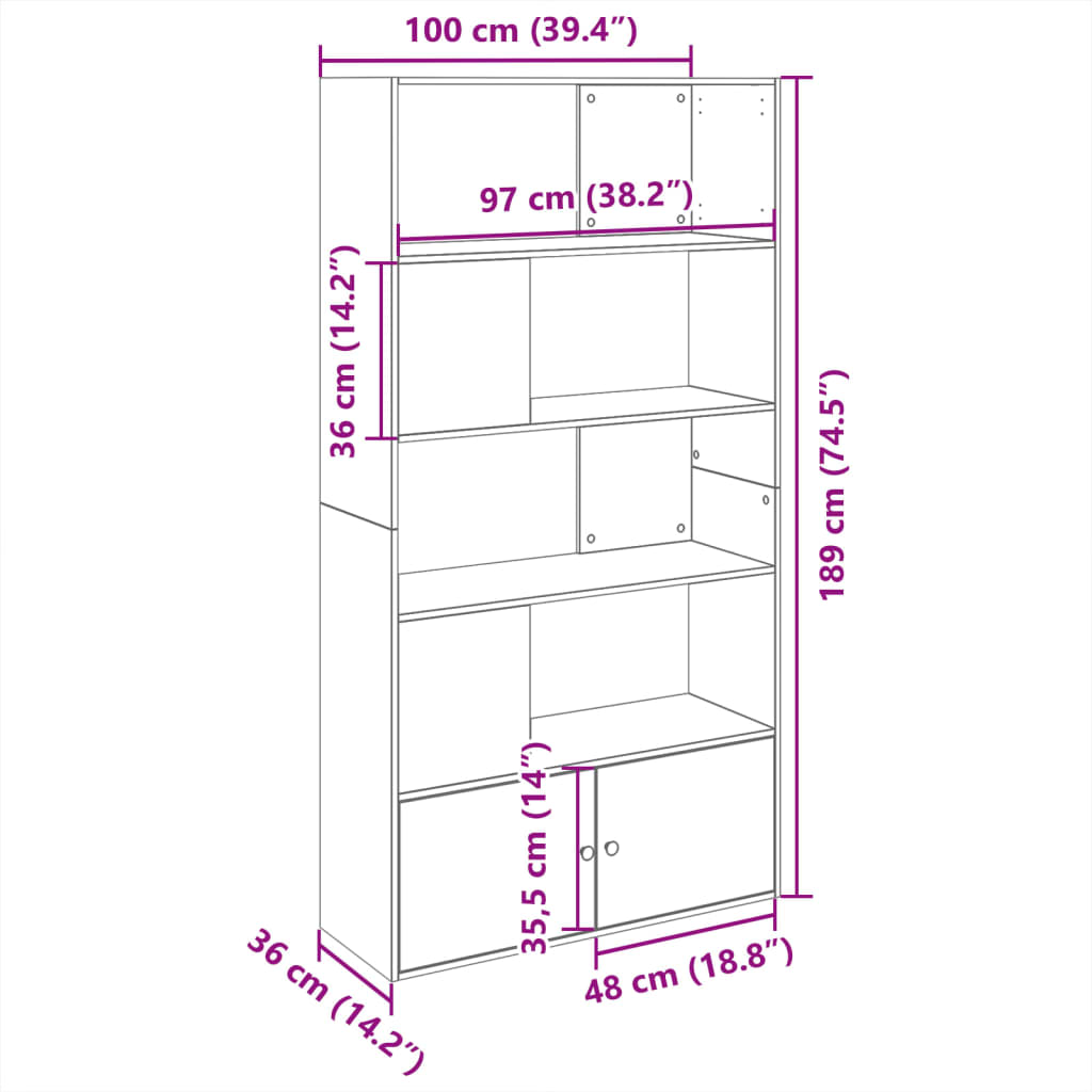 Boekenkast 100x36x189 cm bewerkt hout betongrijs
