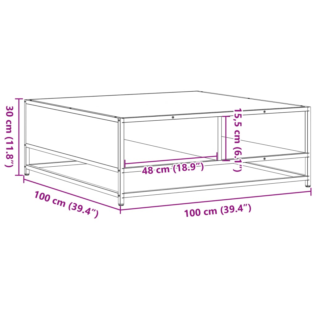 Salontafel 100x100x30 cm bewerkt hout en metaal gerookt eiken