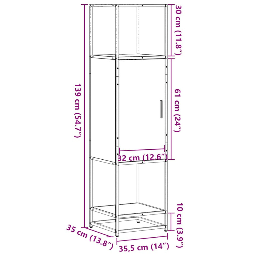 Hoge kast 35,5x35x139 cm bewerkt hout en metaal bruin eiken