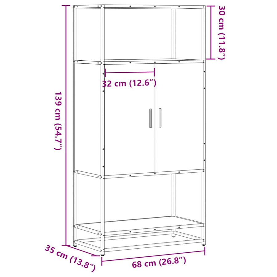 Hoge kast 68x35x139cm bewerkt hout en metaal gerookt eikenkleur