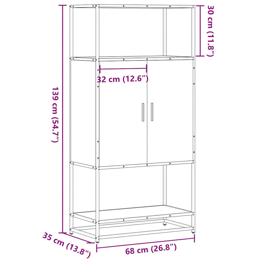Hoge kast 68x35x139cm bewerkt hout en metaal grijs sonoma eiken