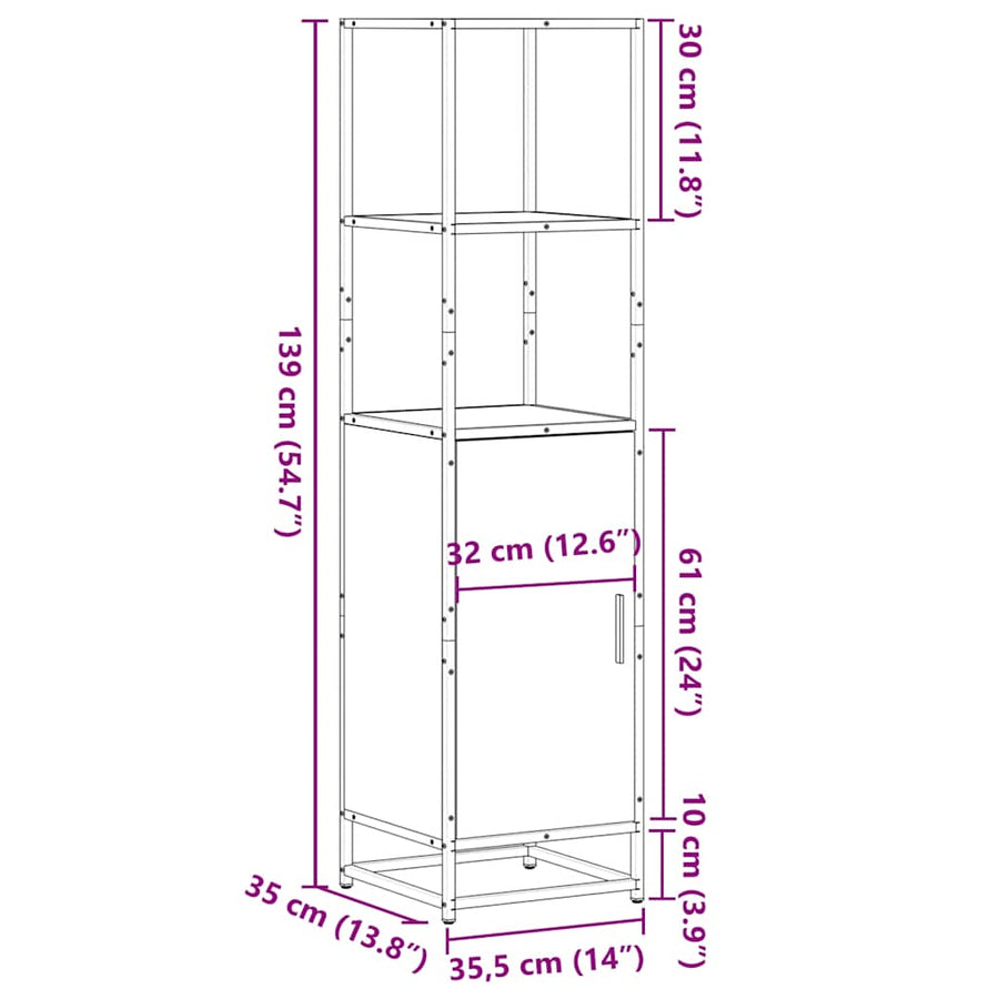 Hoge kast 35,5x35x139 cm bewerkt hout en metaal sonoma eiken