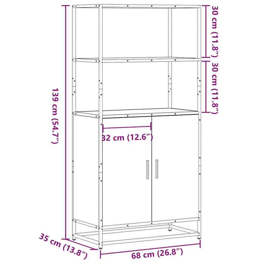 Hoge kast 68x35x139 cm bewerkt hout en metaal bruin eikenkleur