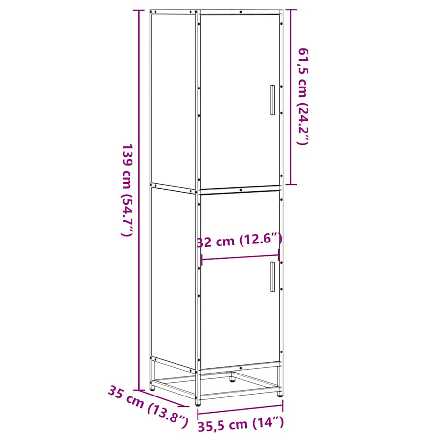 Hoge kast 35,5x35x139 cm bewerkt hout en metaal bruin eiken
