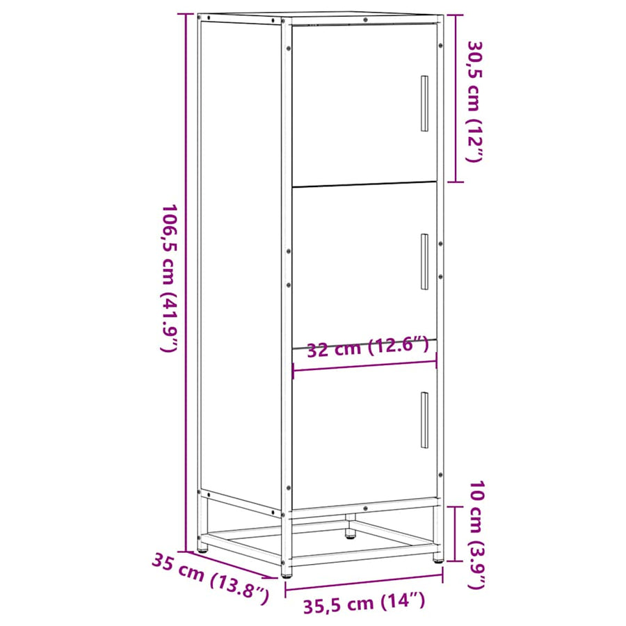 Hoge kast 35,5x35x106,5 cm bewerkt hout en metaal grijs sonoma