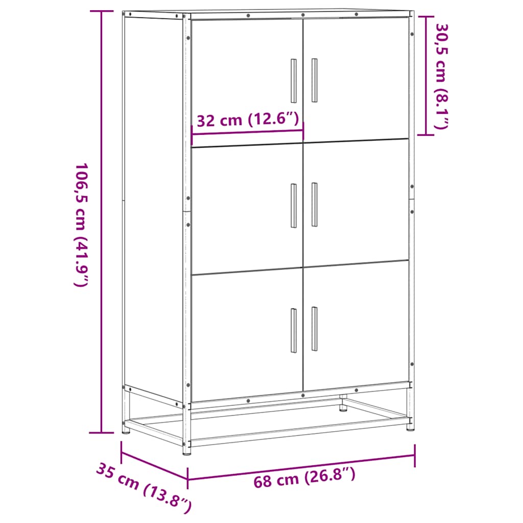 Hoge kast 68x35x106,5 cm bewerkt hout en metaal grijs sonoma
