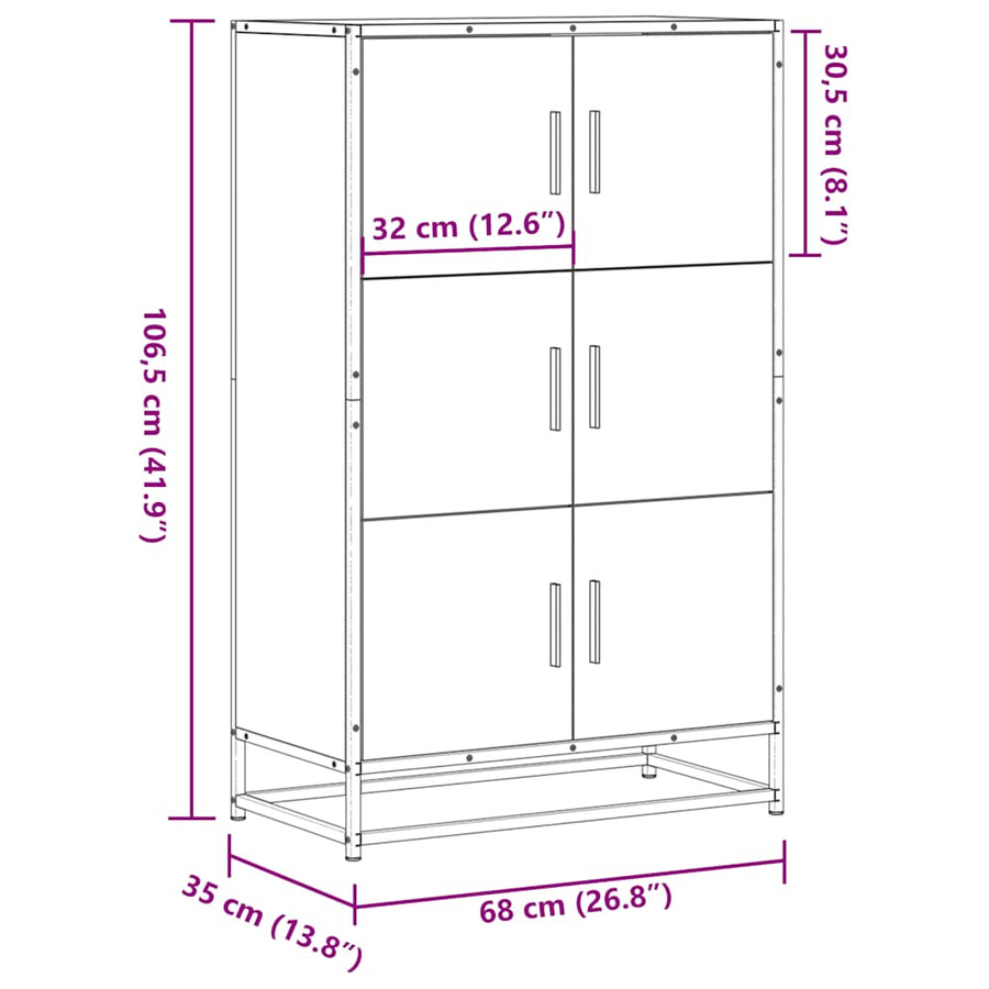 Hoge kast 68x35x106,5 cm bewerkt hout en metaal grijs sonoma