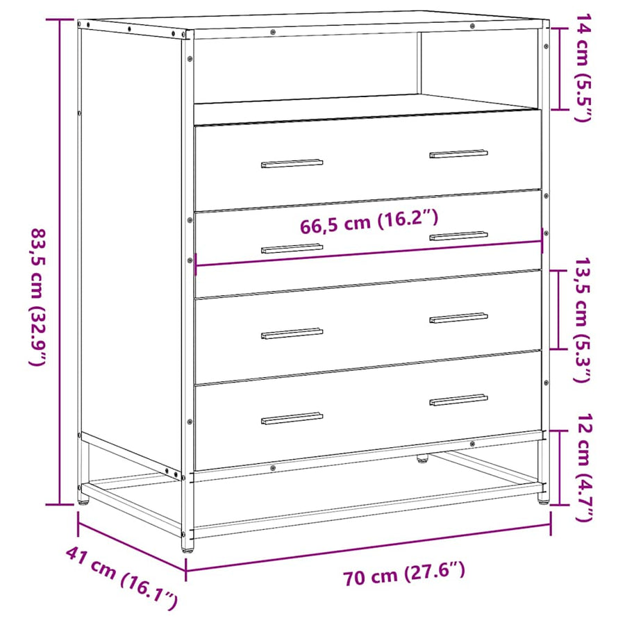 Ladekast 70x41x83,5 cm bewerkt hout gerookt eikenkleurig