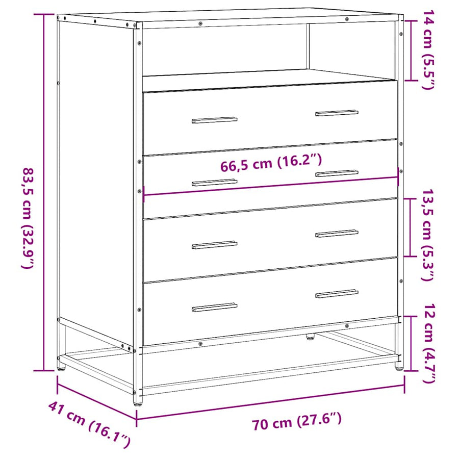 Ladekast 70X41X83,5 Cm Bewerkt Hout Eikenkleurig Grijs sonoma