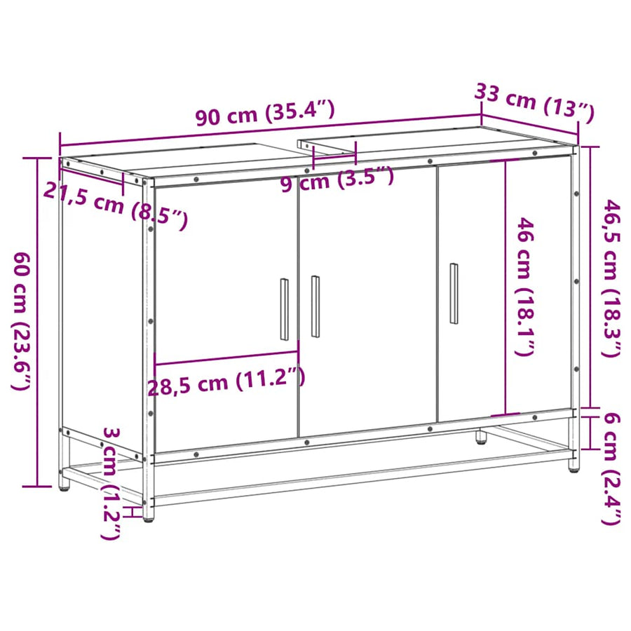 Wastafelkast 90x33x60 cm bewerkt hout sonoma eikenkleurig