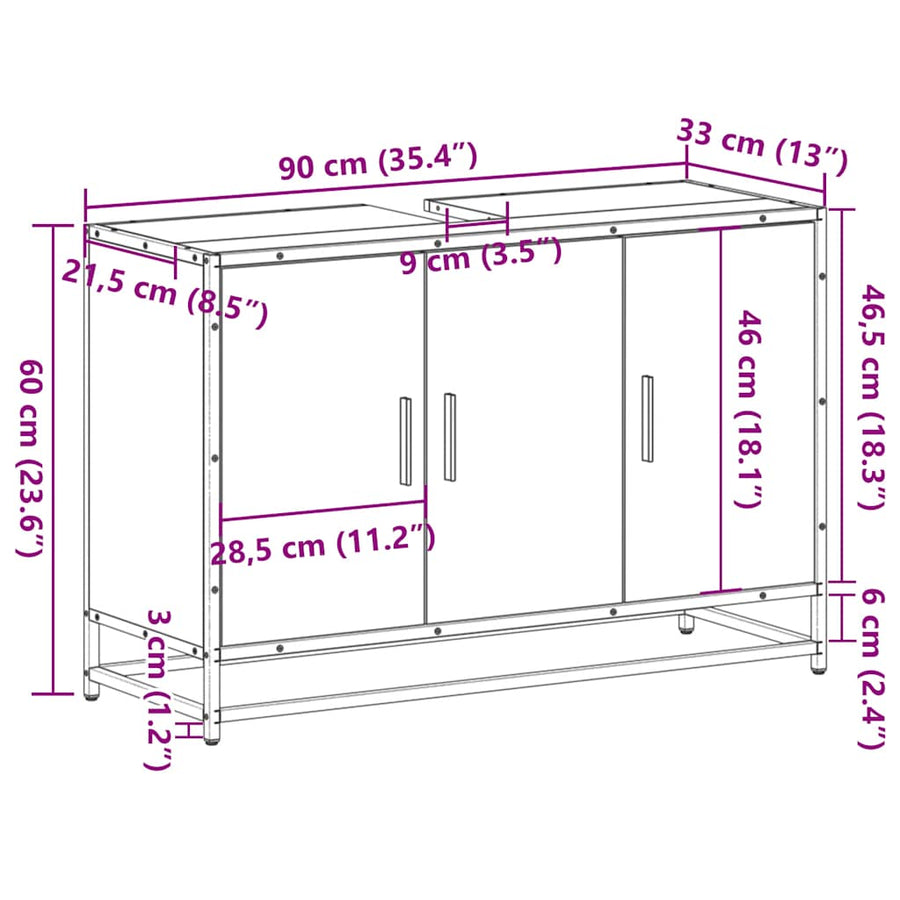 Wastafelkast 90x33x60 cm bewerkt hout grijs sonoma eikenkleurig