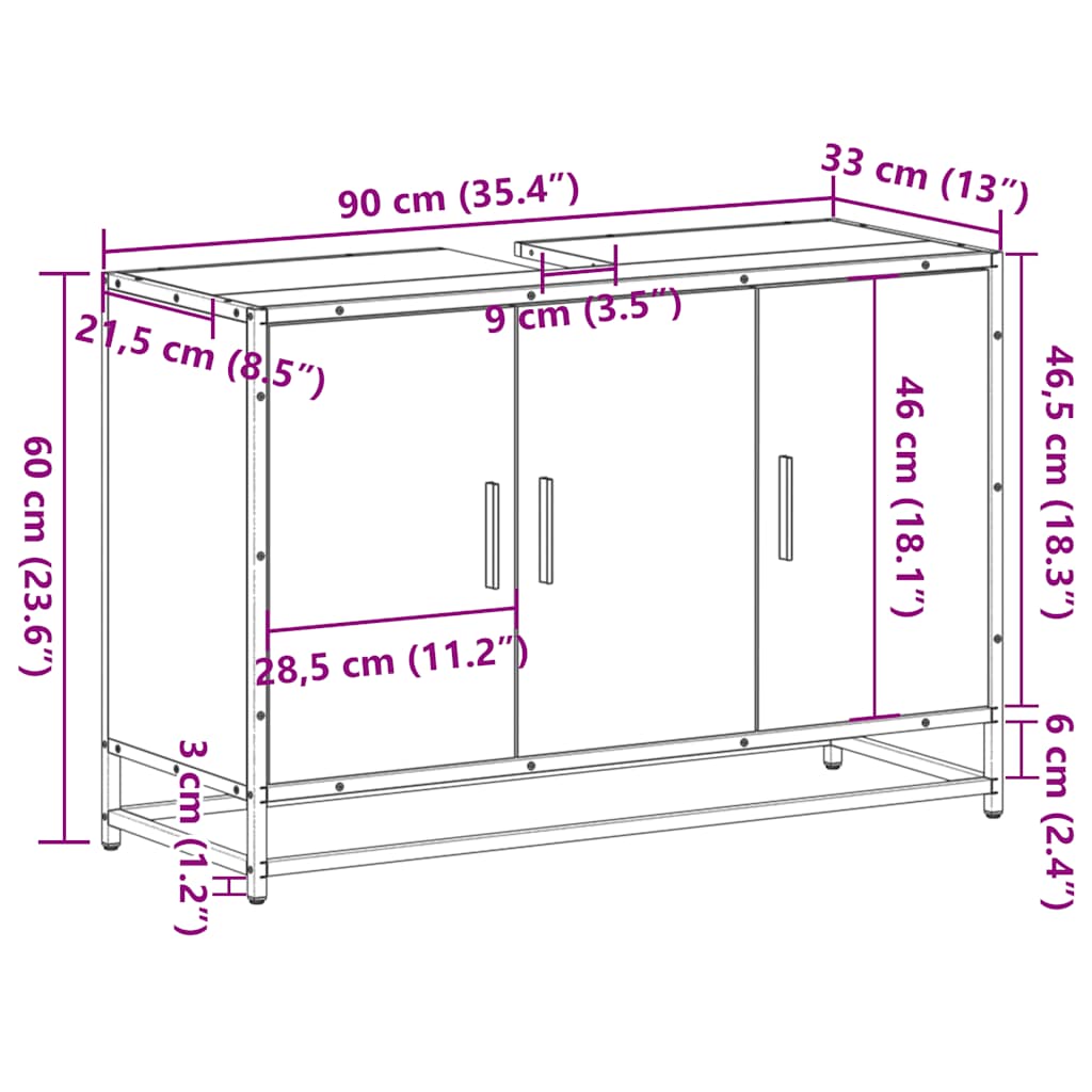 Wastafelkast 90x33x60 cm bewerkt hout bruin eikenkleurig