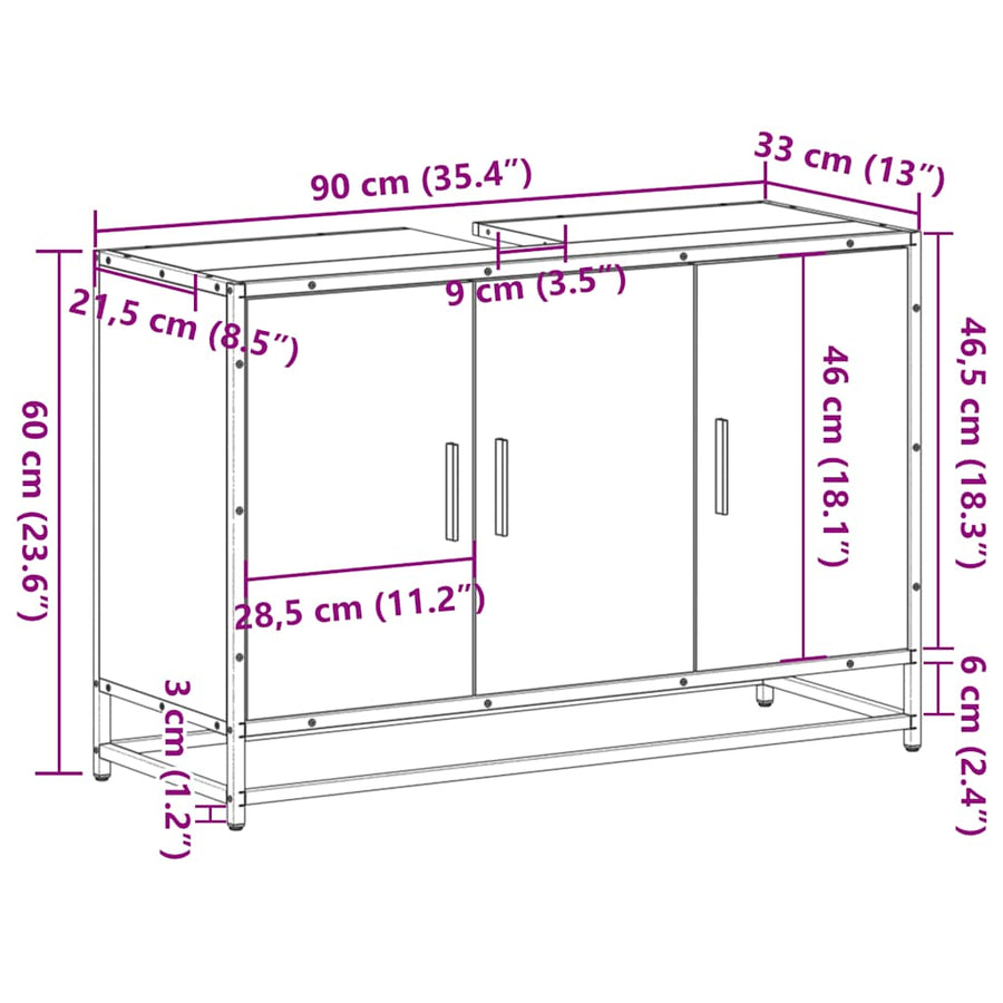 Wastafelkast 90x33x60 cm bewerkt hout bruin eikenkleurig