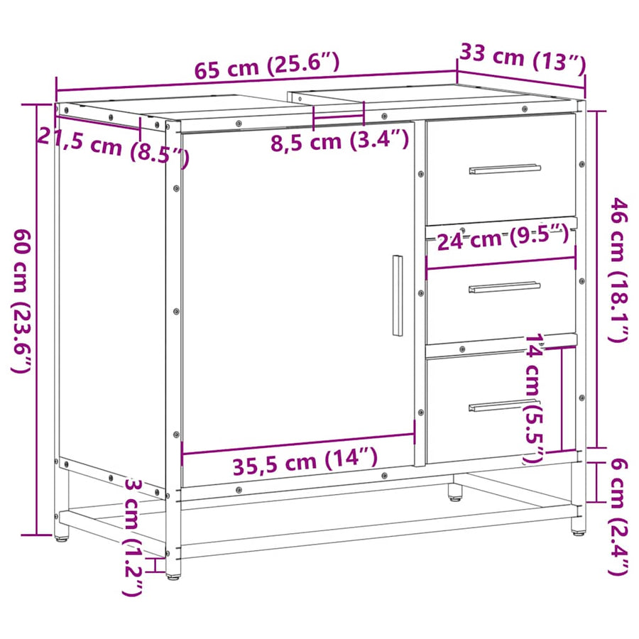 Wastafelkast 65x33x60 cm bewerkt hout sonoma eikenkleurig