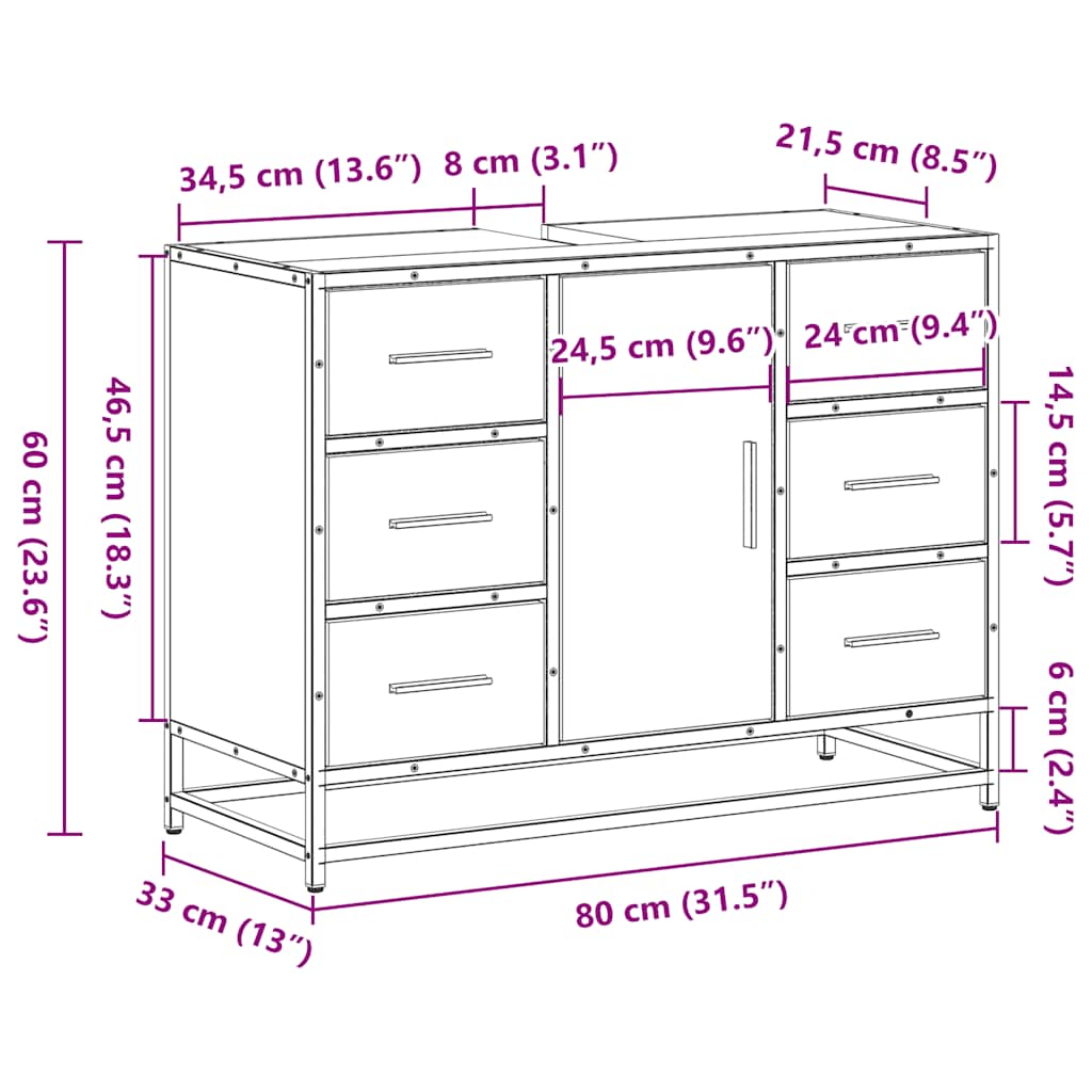 Wastafelkast 80x33x60 cm bewerkt hout sonoma eikenkleurig