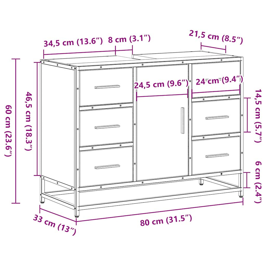 Wastafelkast 80x33x60 cm bewerkt hout gerookt eikenkleurig
