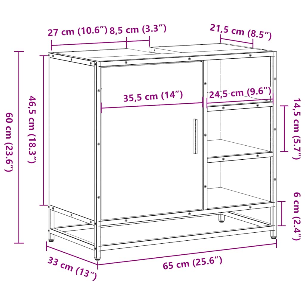 Wastafelkast 65x33x60 cm bewerkt hout sonoma eikenkleurig