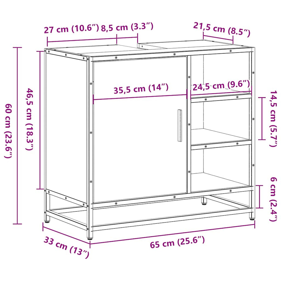 Wastafelkast 65x33x60 cm bewerkt hout grijs sonoma eikenkleurig