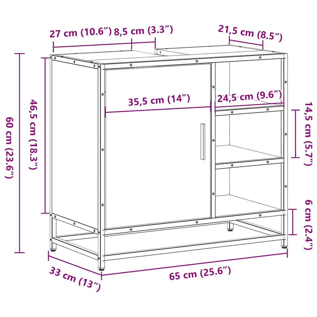 Wastafelkast 65x33x60 cm bewerkt hout bruin eikenkleur