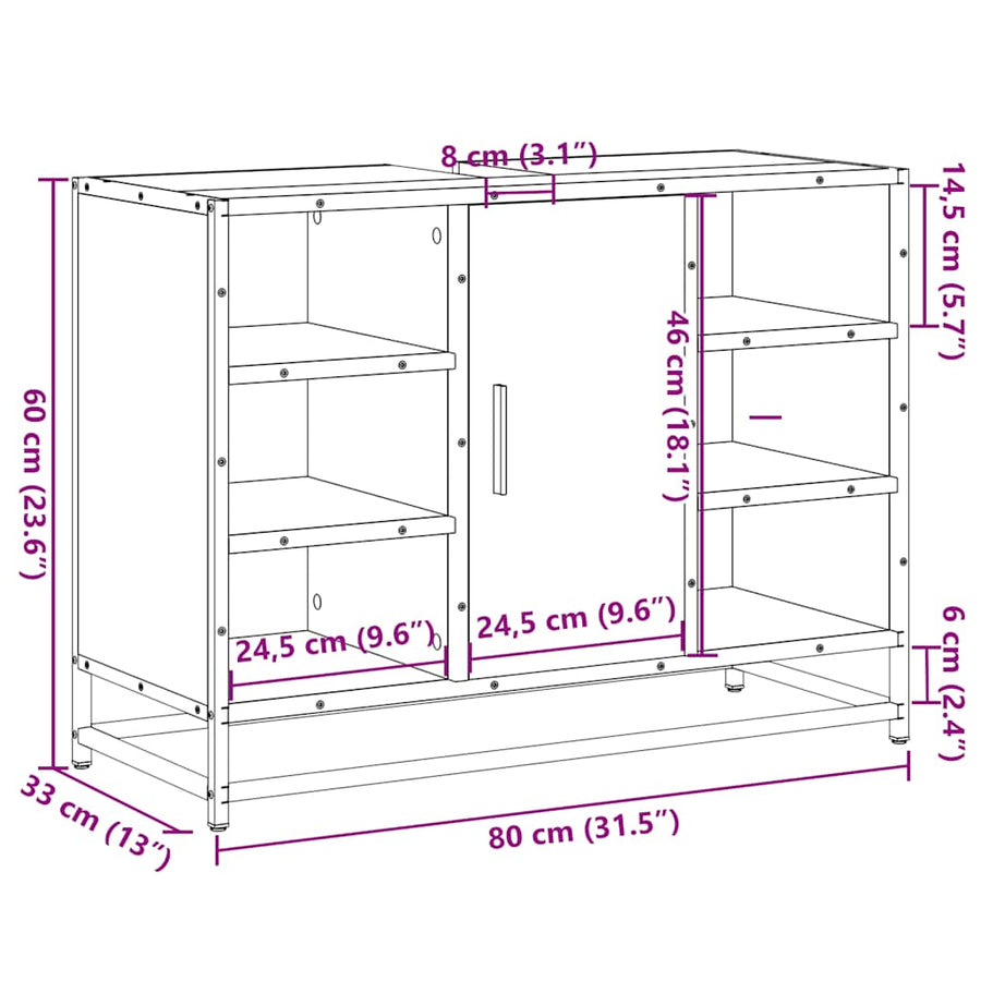 Wastafelkast 80x33x60 cm bewerkt hout bruin eikenkleurig