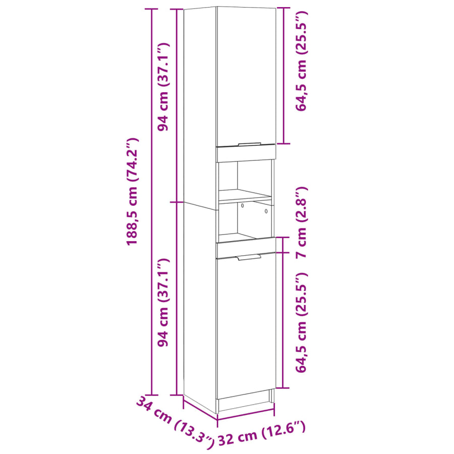 Badkamerkast 32x34x188,5 cm bewerkt hout sonoma eikenkleurig
