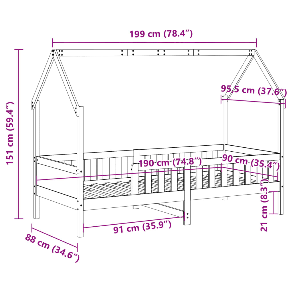Bedhuis wit massief grenenhout 90x190 cm