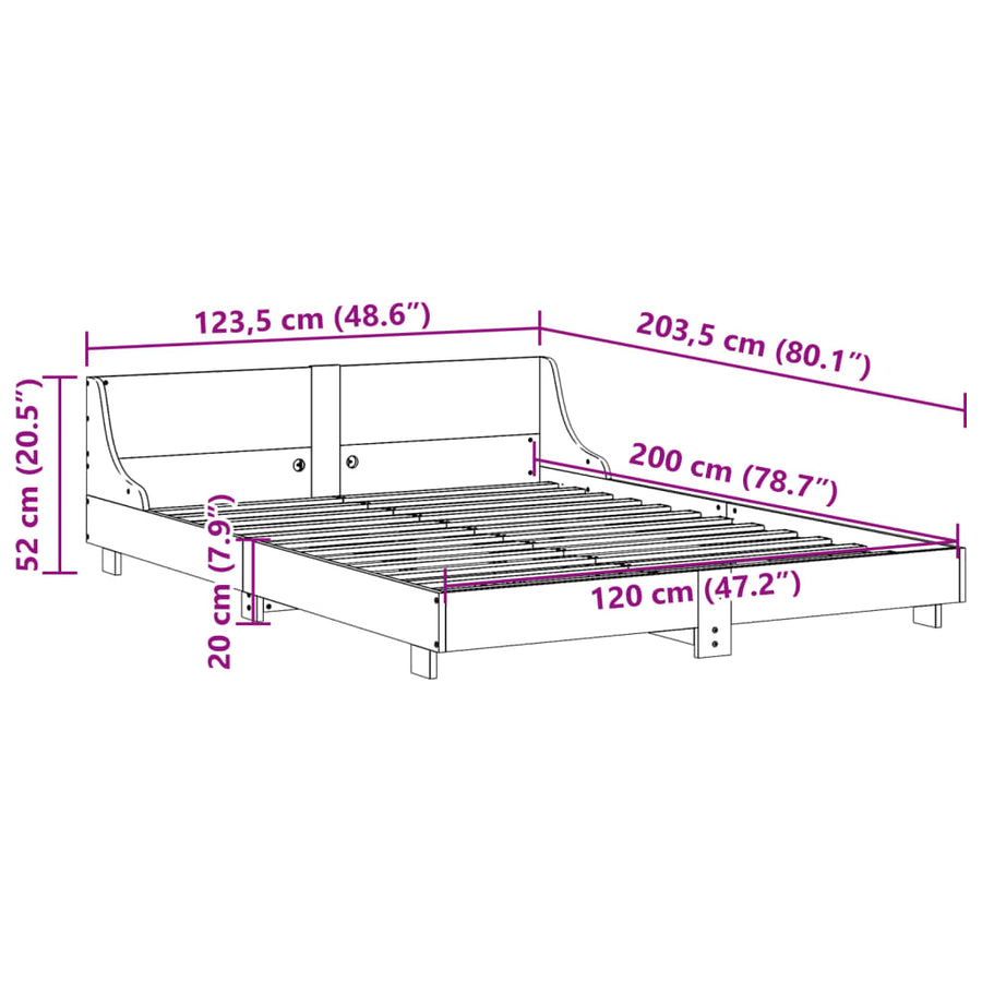 Bedframe met hoofdbord massief grenenhout wasbruin 120x200 cm
