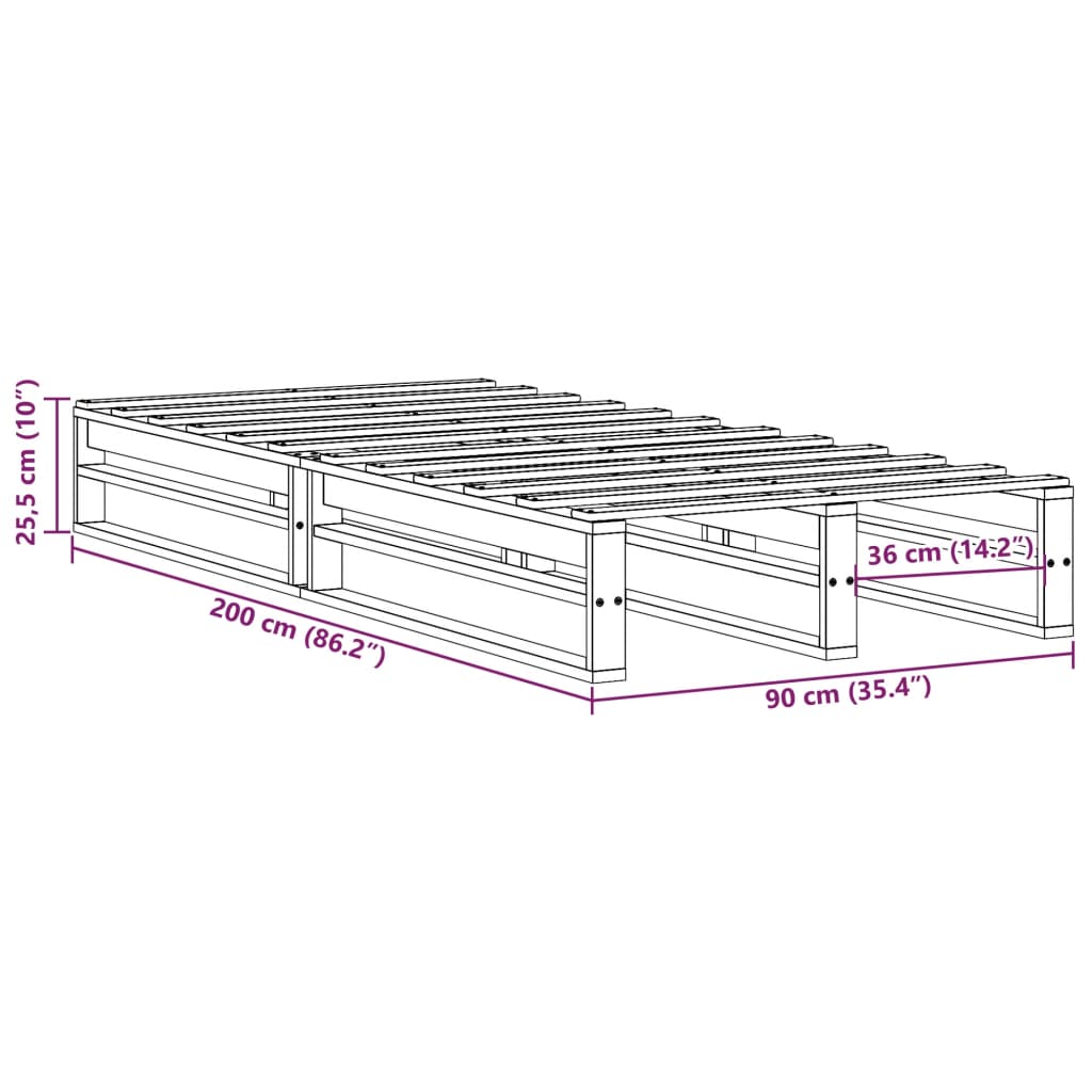 Bedframe massief grenenhout wit 90x200 cm