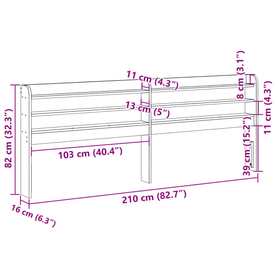 Hoofdbord met schappen 200 cm massief grenenhout wit