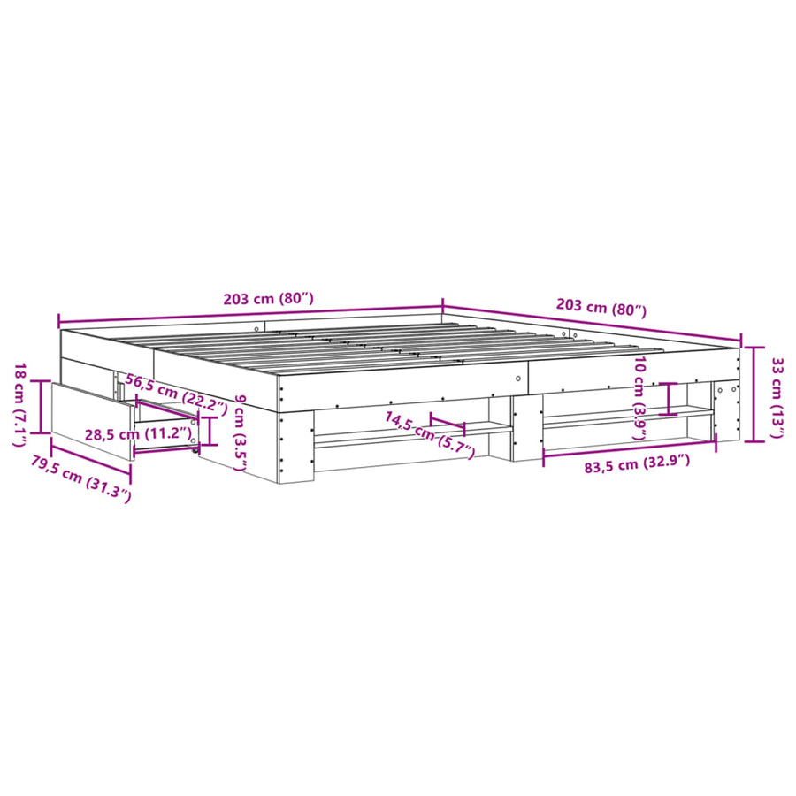 Bedframe massief hout wit 200x200 cm