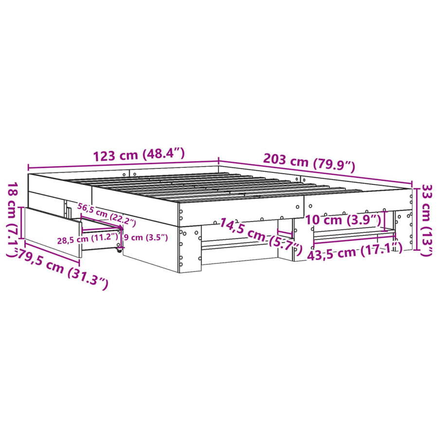 Bedframe massief hout wit 120x200 cm