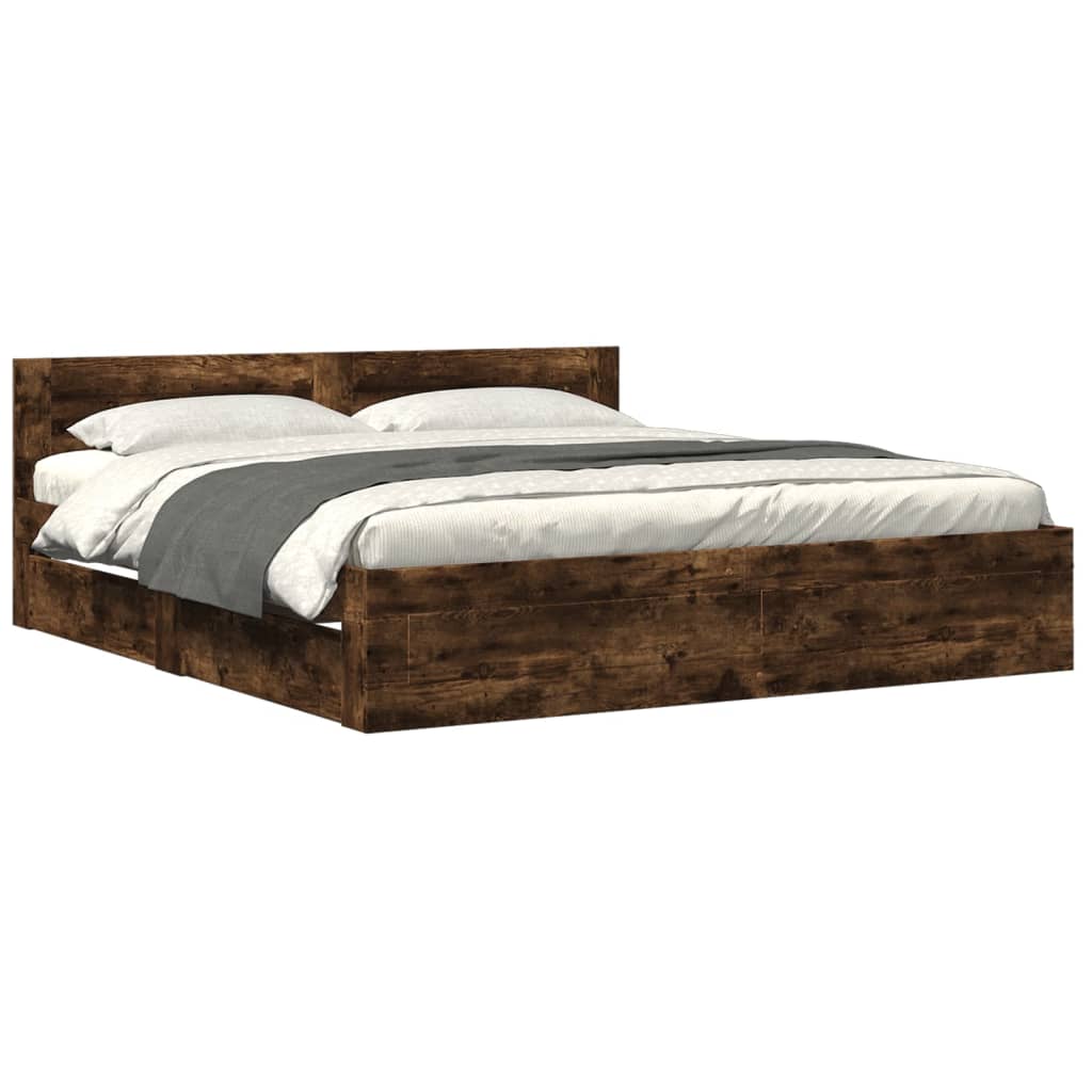 Bedframe Met Hoofdeinde Bewerkt Hout 200 x 200 cm Gerookt eiken