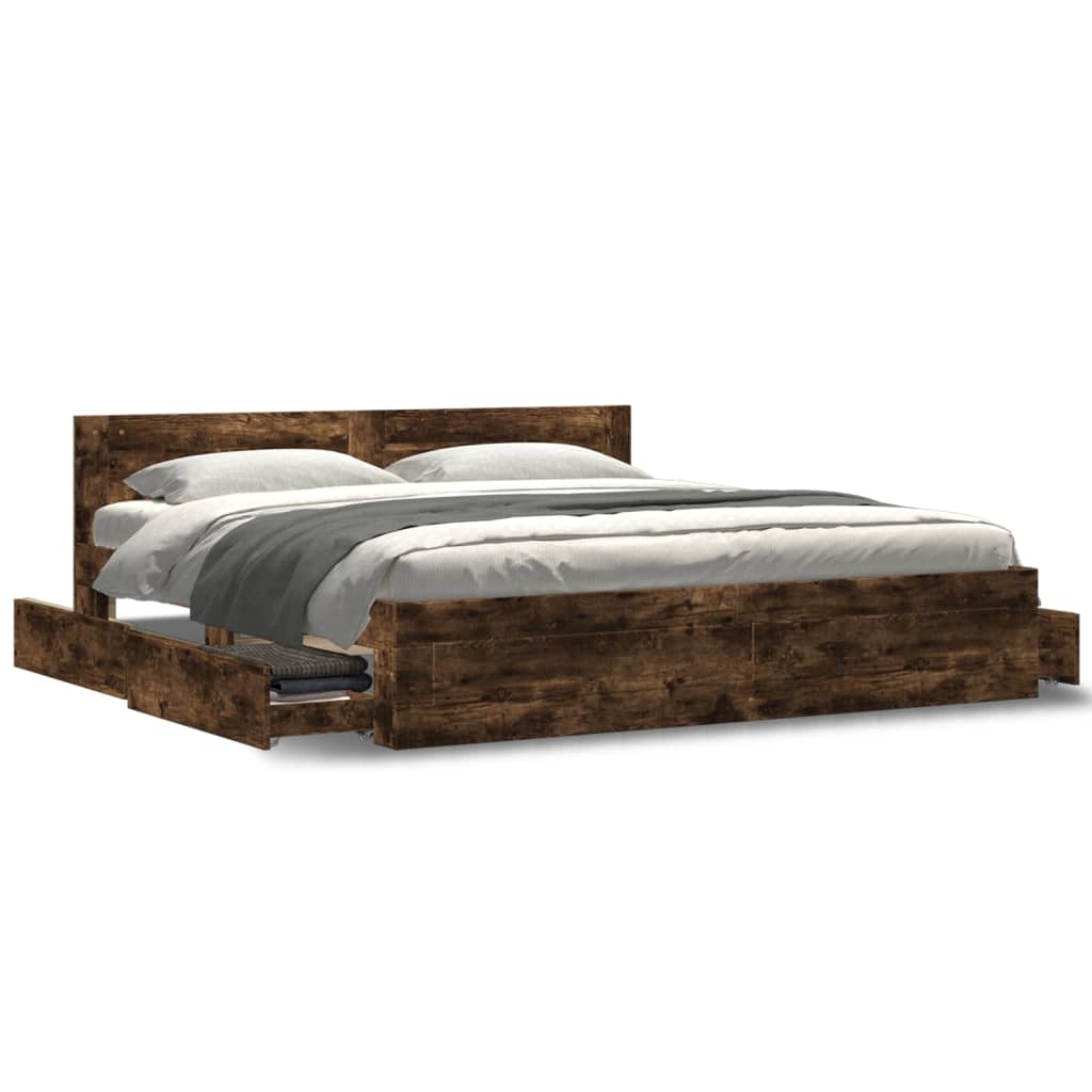 Bedframe Met Hoofdeinde Bewerkt Hout 200 x 200 cm Gerookt eiken